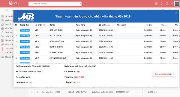 Phần mềm quản trị 1Office hỗ trợ trực tiếp trả lương qua MB Bank Phần mềm quản trị 1Office hỗ trợ trực tiếp trả lương qua MB Bank