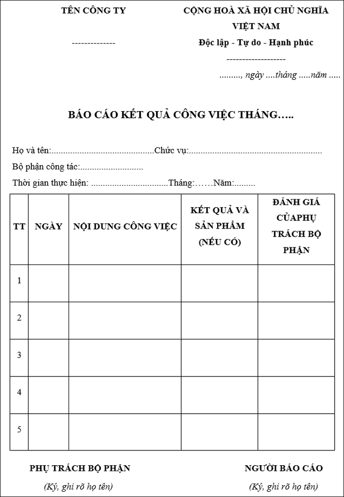 Báo cáo công việc theo tháng