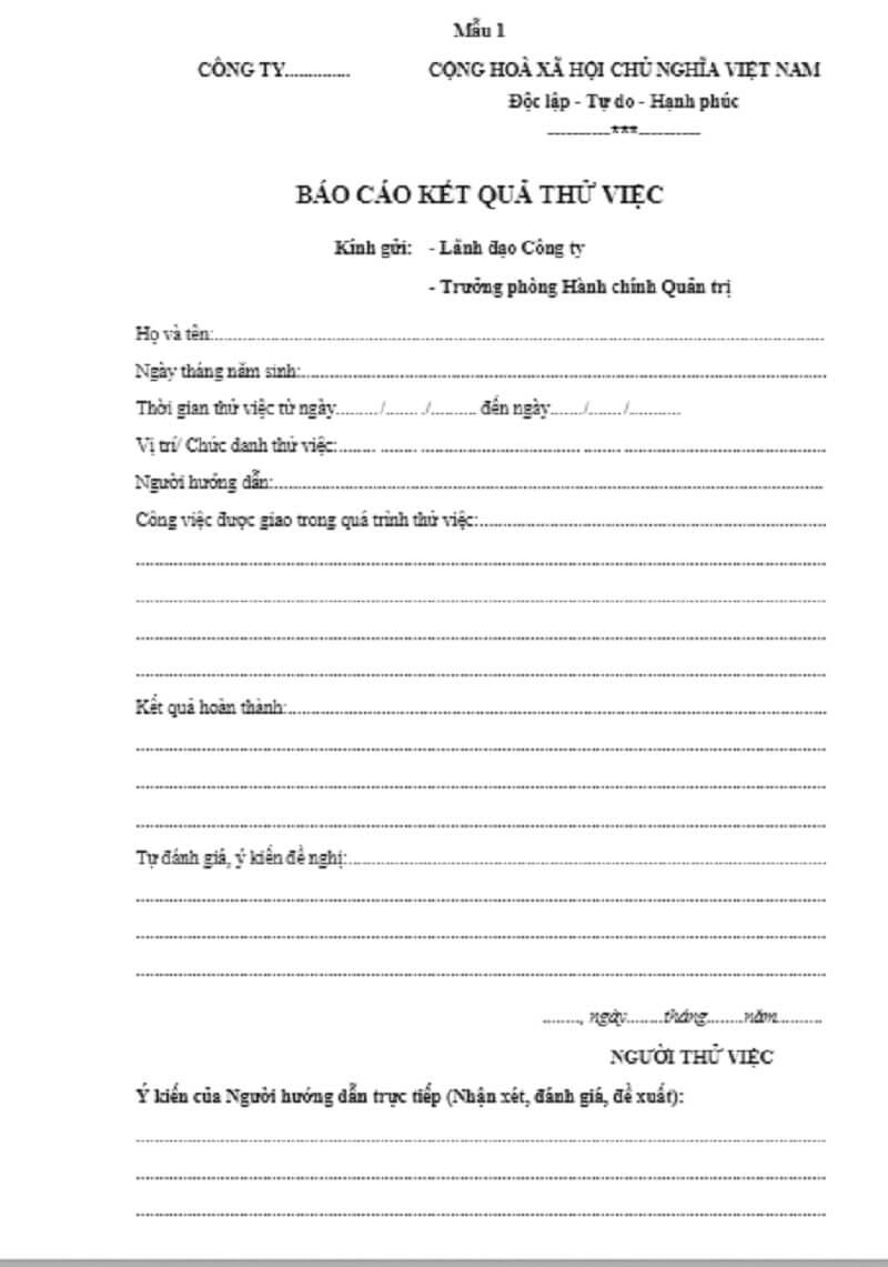 Mẫu đánh giá nhân sự thử việc