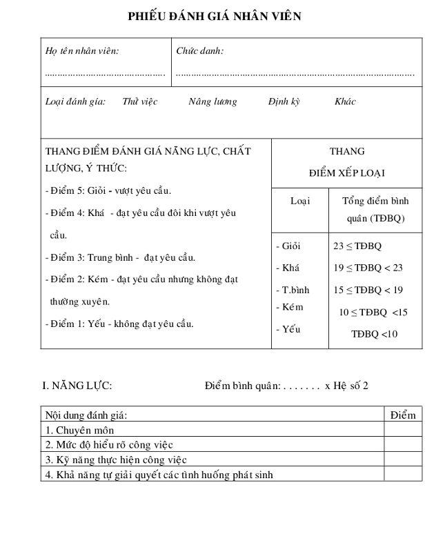 mẫu đánh giá nhân viên tốt nhất Biểu mẫu nhân viên tự đánh giá