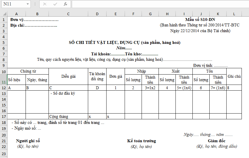 Mẫu b&aacute;o c&aacute;o tồn kho chi tiết mục vật liệu, dụng cụ theo form chuẩn theo đ&uacute;ng quy định của Bộ T&agrave;i Ch&iacute;nh