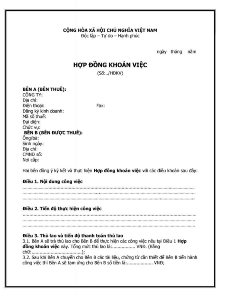 Mẫu hợp đồng khoán việc chuẩn form mới nhất 2024 Mẫu hợp đồng khoán việc chuẩn form mới nhất 2024