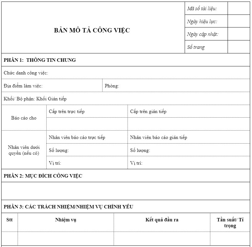 Mẫu bản m&ocirc; tả c&ocirc;ng việc chuẩn form