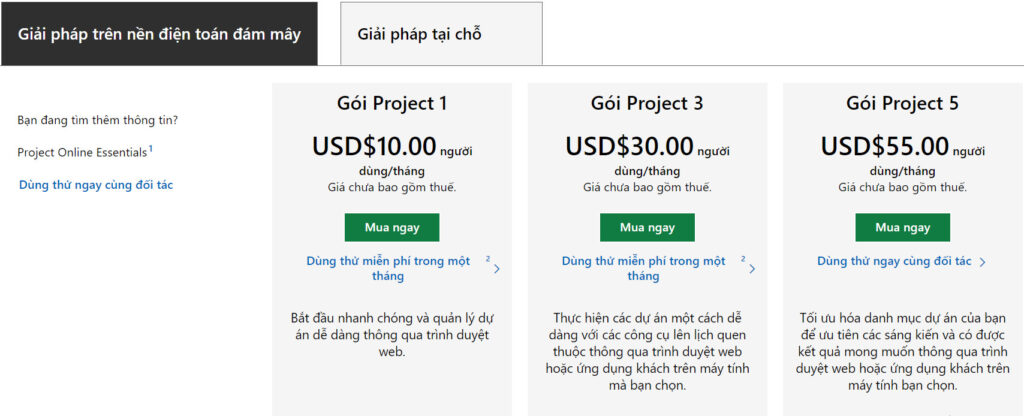 Bảng giá Giải pháp trên nền điện toán đám mây Microsoft Project