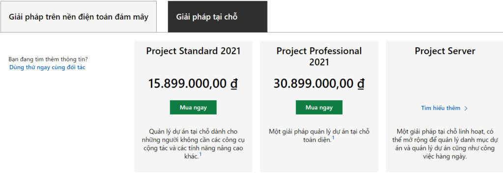 Bảng giá Giải pháp tại chỗ Microsoft Project