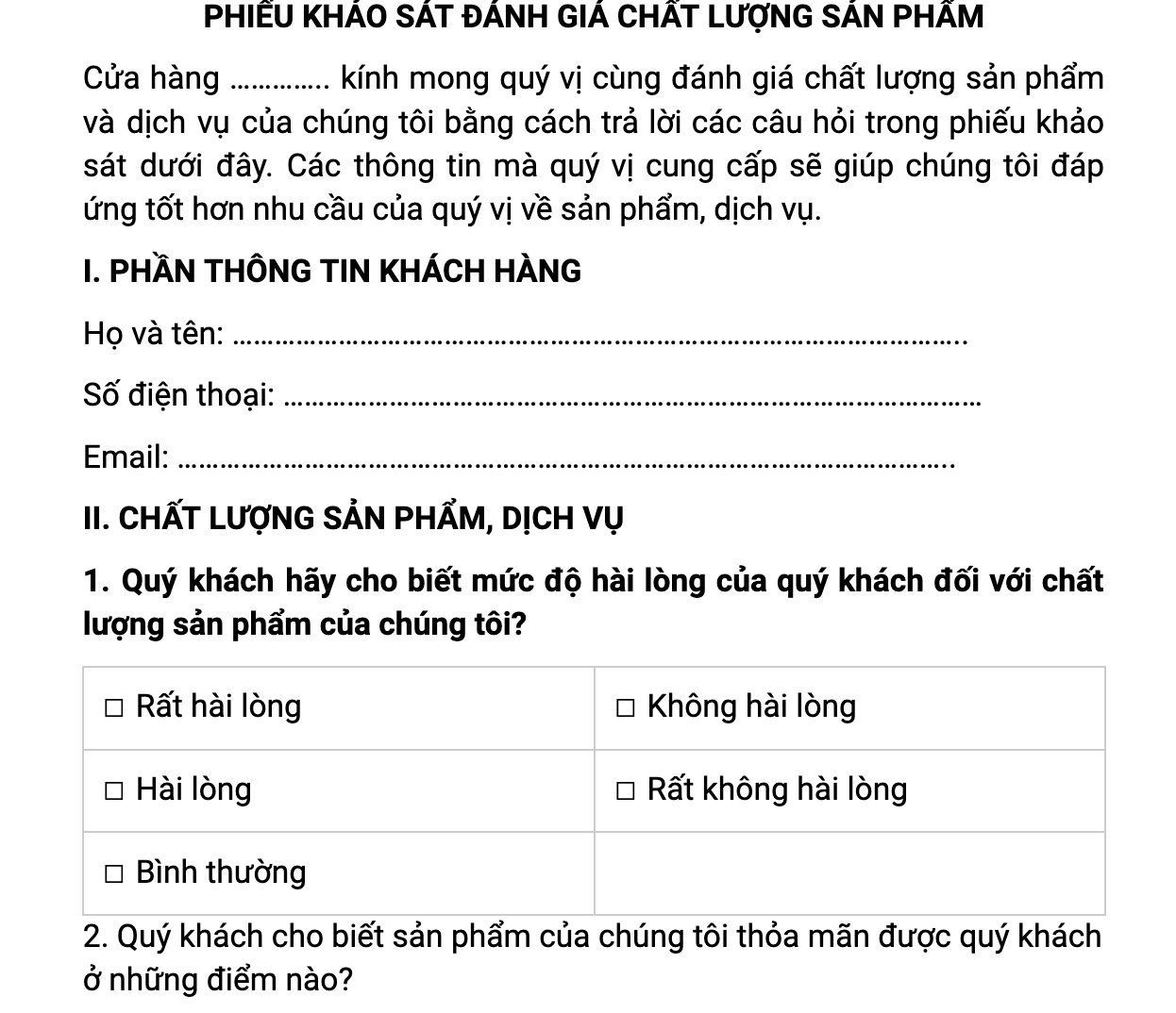 Phiếu khảo s&aacute;t đ&aacute;nh gi&aacute; chất lượng sản phẩm