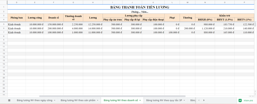 Biểu mẫu tính lương