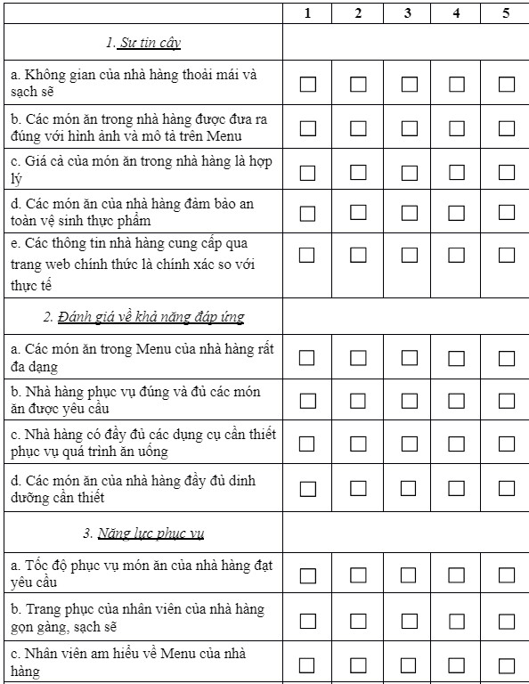 Phiếu thu thập đ&aacute;nh gi&aacute; về chất lượng dịch vụ của nh&agrave; h&agrave;ng