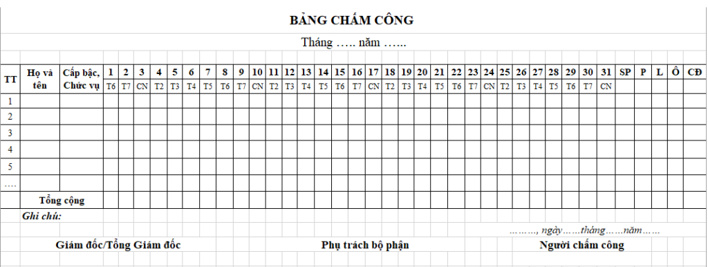 Mẫu bảng chấm công nhân viên linh hoạt