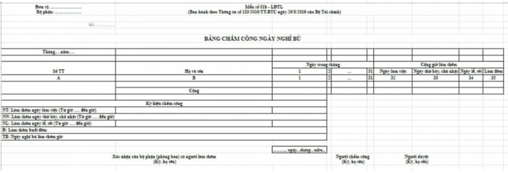 Bảng chấm công nghỉ bù