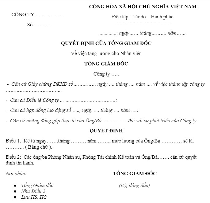 mẫu quyết định tăng lương 2022
