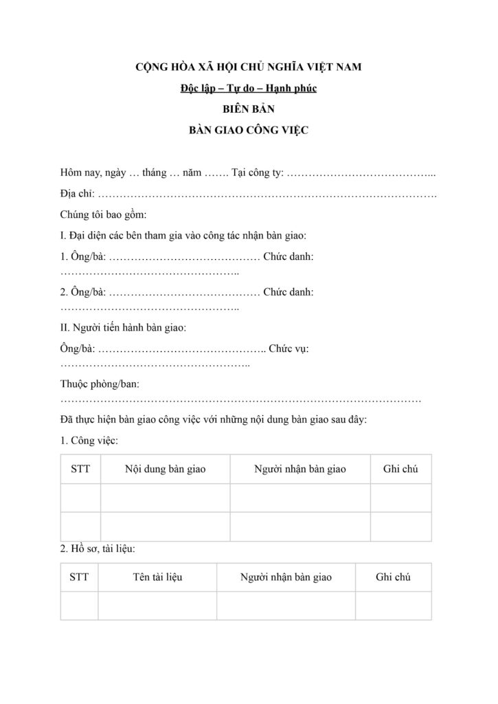 Biểu mẫu b&agrave;n giao c&ocirc;ng việc chuyển c&ocirc;ng t&aacute;c