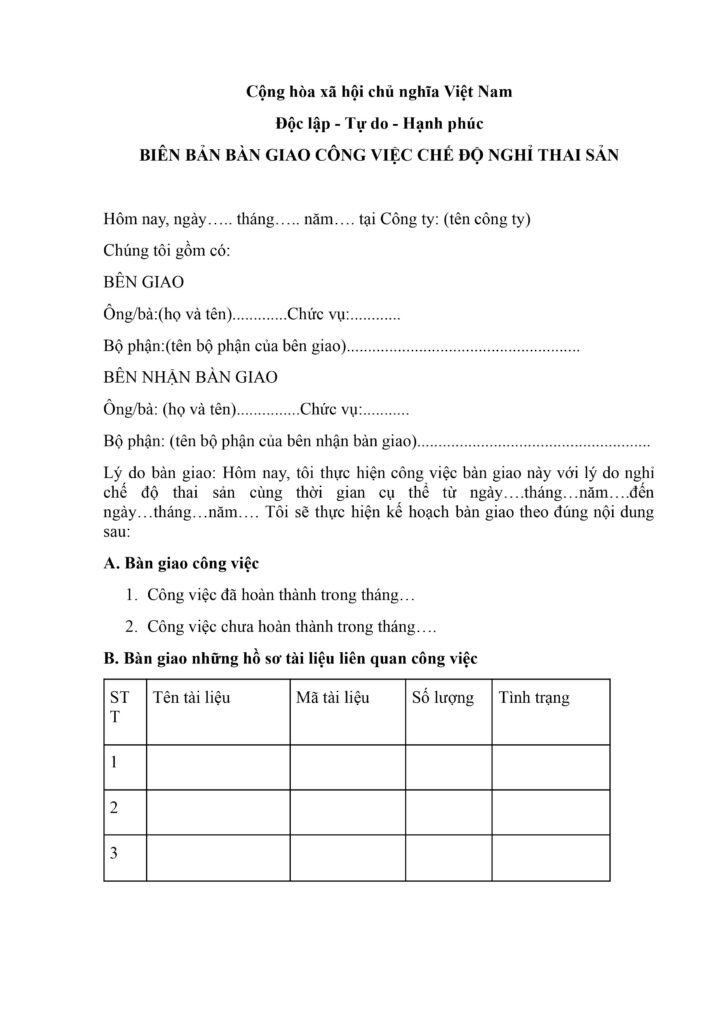 Giấy b&agrave;n giao nghỉ thai sản