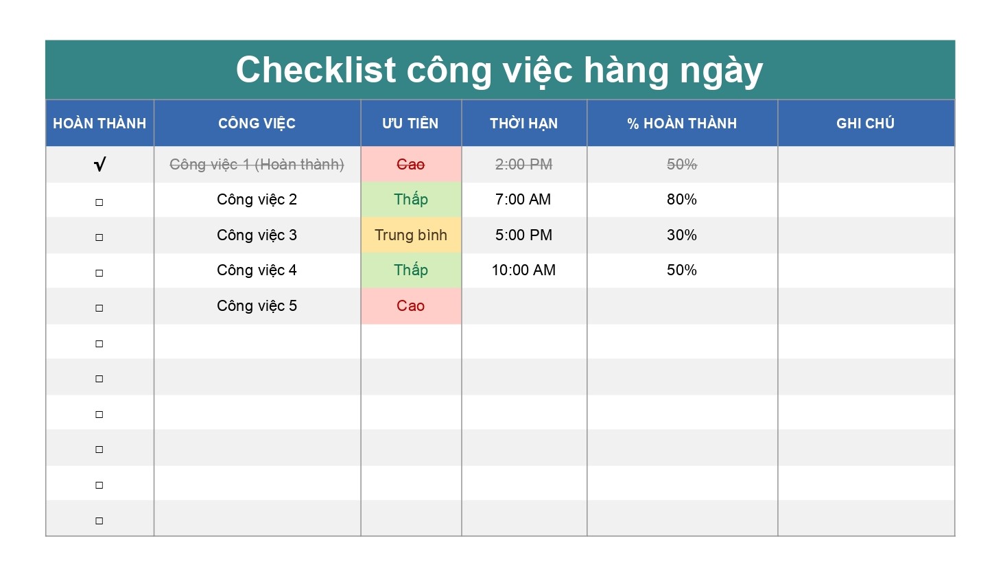 Mẫu checklist công việc Excel hàng ngày