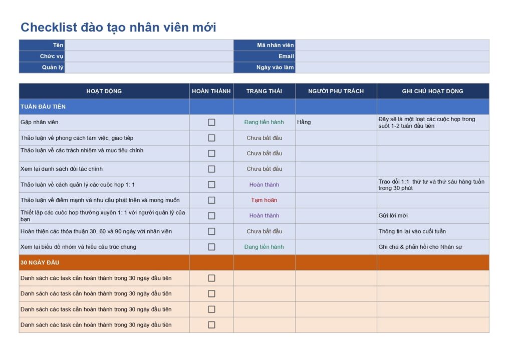 Check list công việc đào tạo nhân viên mới