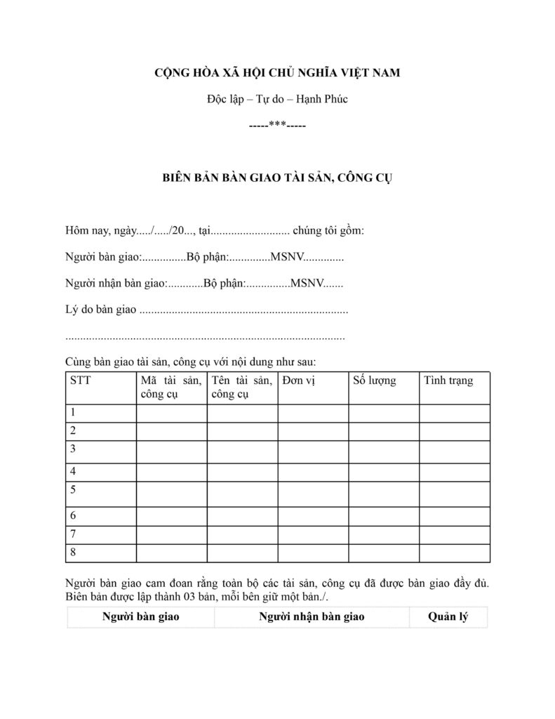 Mẫu bi&ecirc;n bản b&agrave;n giao t&agrave;i sản