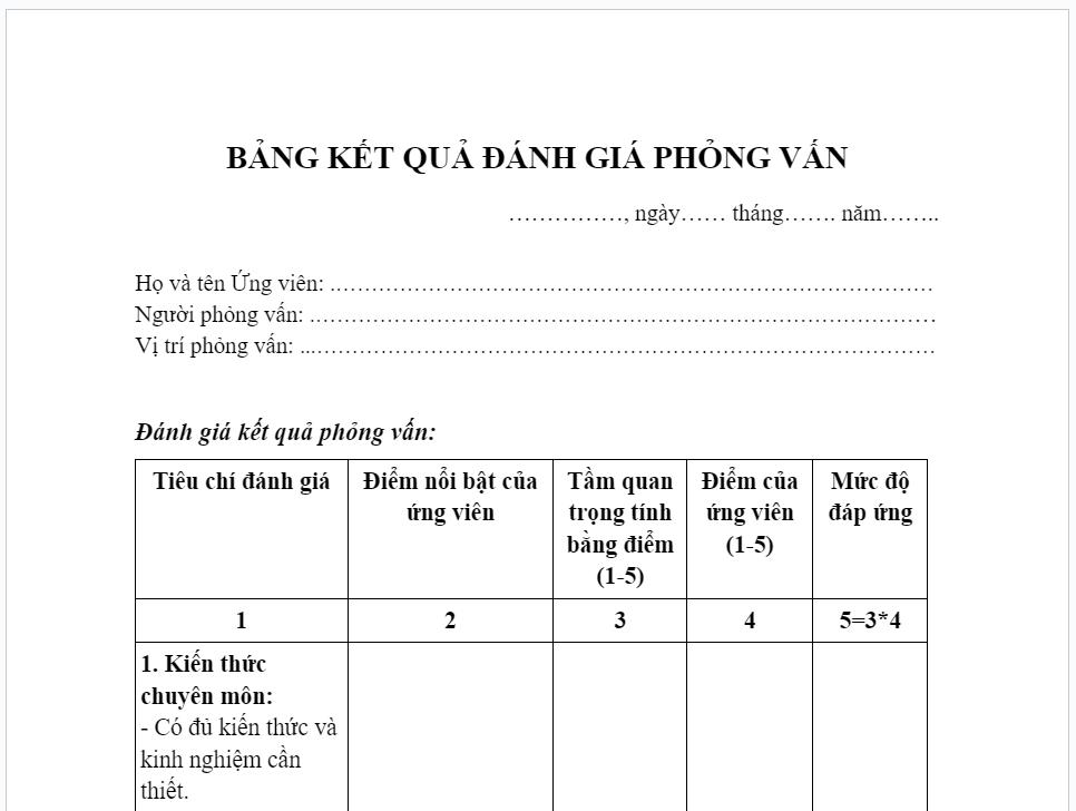 Phiếu đ&aacute;nh gi&aacute; phỏng vấn th&ocirc;ng dụng nhất