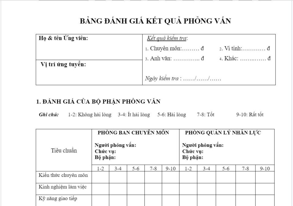 Phiếu đ&aacute;nh gi&aacute; phỏng vấn theo thang điểm