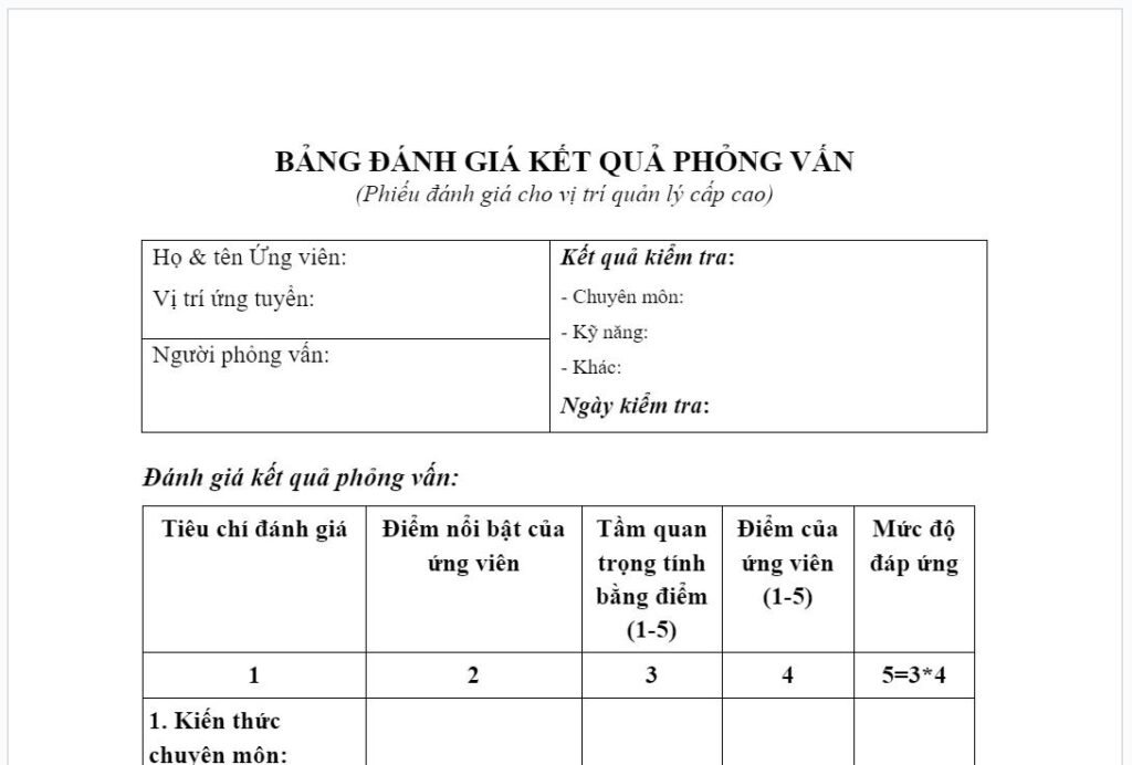 Phiếu đ&aacute;nh gi&aacute; phỏng vấn theo cấp bậc tuyển dụng trong c&ocirc;ng ty