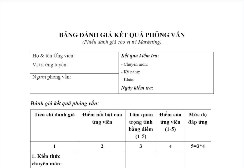 Phiếu đ&aacute;nh gi&aacute; phỏng vấn ứng vi&ecirc;n theo ph&ograve;ng ban kh&aacute;c nhau