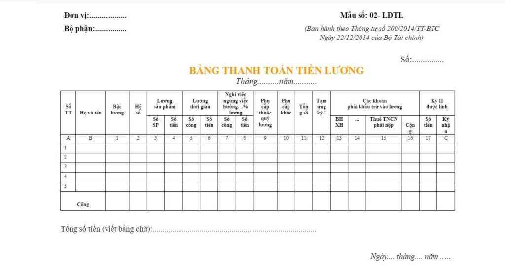 Mẫu thanh toán tiền lương nhân viên