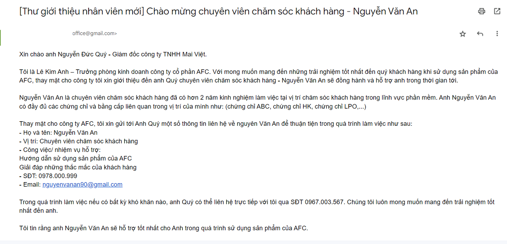 email giới thiệu nh&acirc;n vi&ecirc;n mới