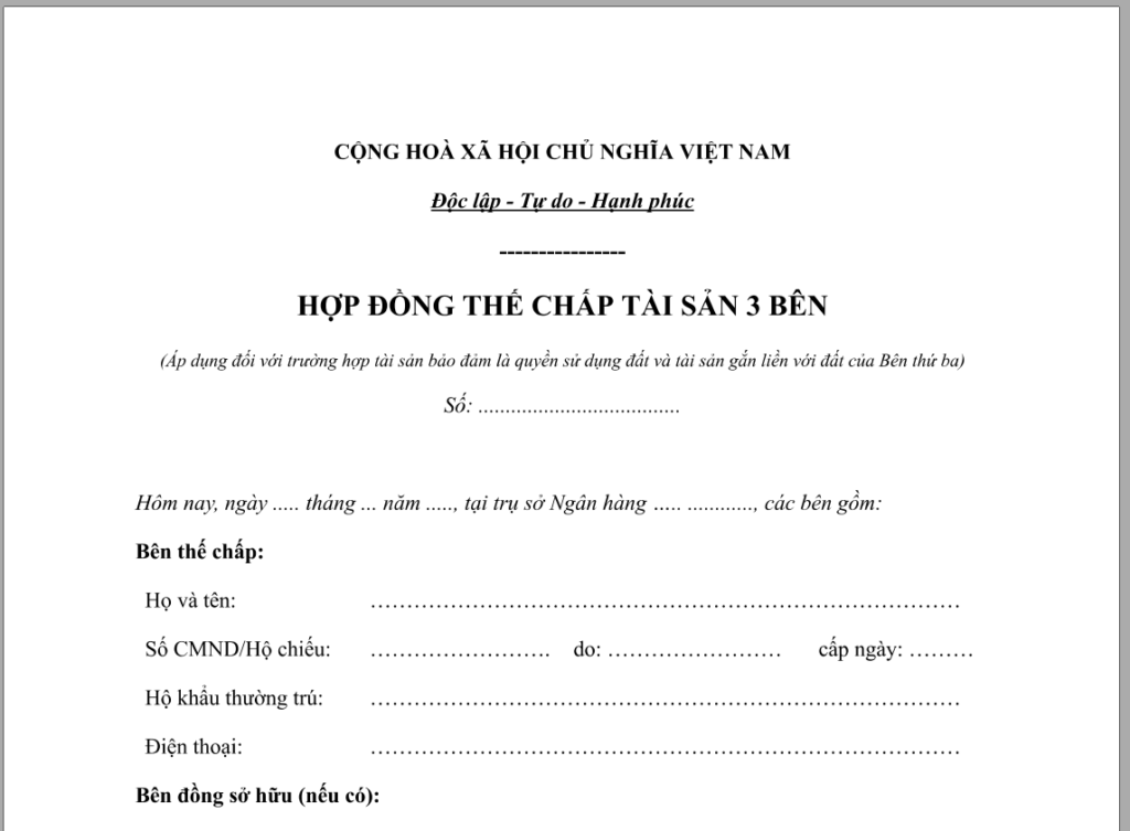 Hợp đồng thế chấp tài sản 3 bên Hợp đồng thế chấp tài sản 3 bên
