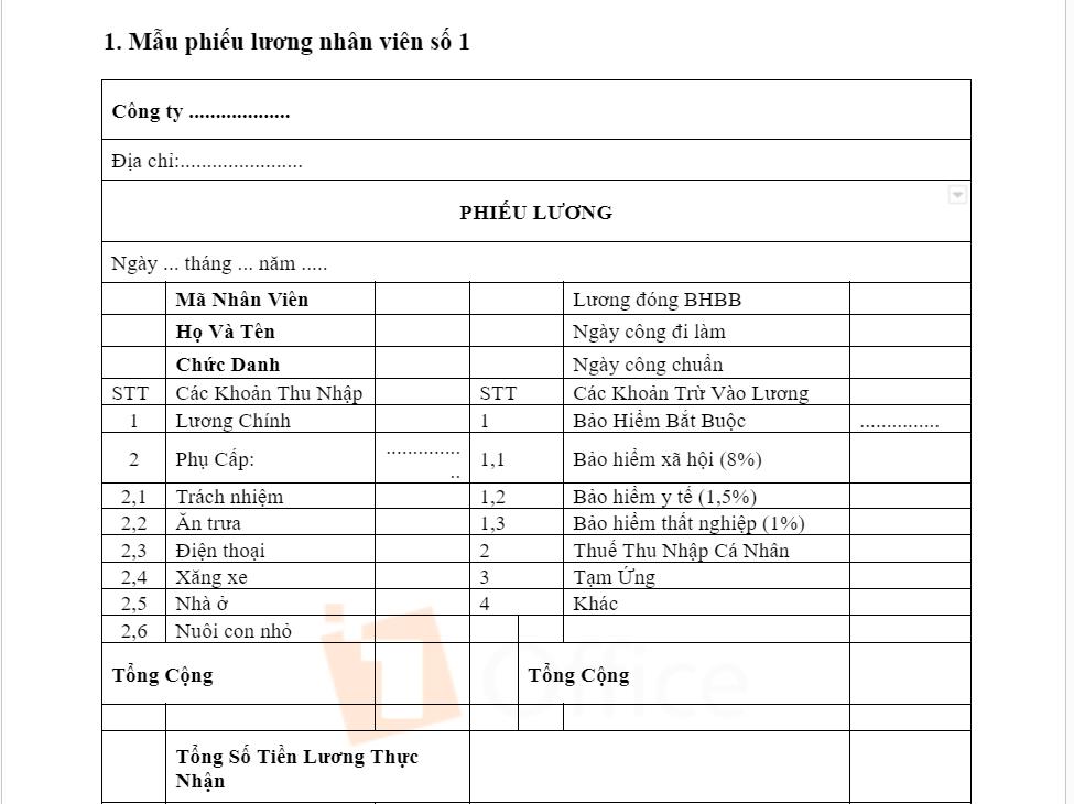 Mẫu phiếu lương nhân viên chi tiết