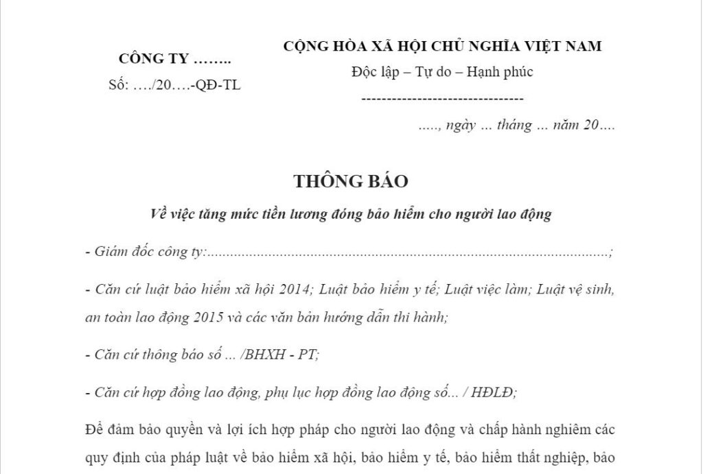 M&acirc;̃u th&ocirc;ng báo đi&ecirc;̀u chỉnh lương tham gia BHXH, BHYT