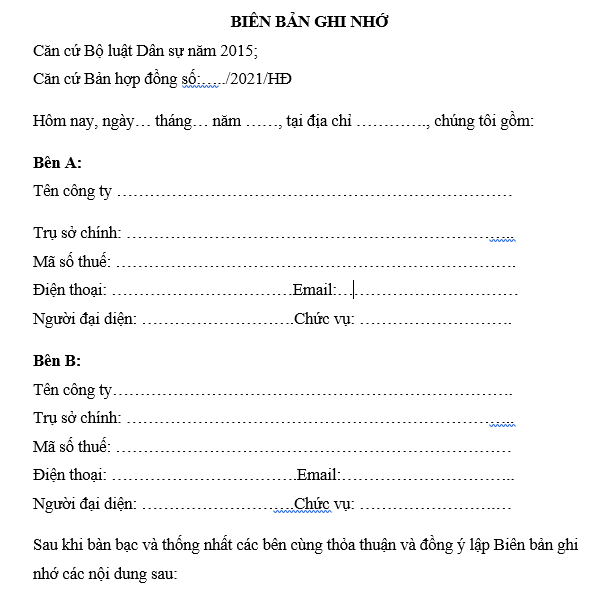 Mẫu bi&ecirc;n bản ghi nhớ MOU form chung
