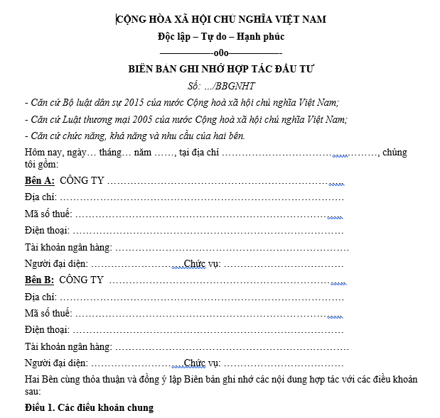 Mẫu bi&ecirc;n bản ghi nhớ hợp t&aacute;c đầu tư