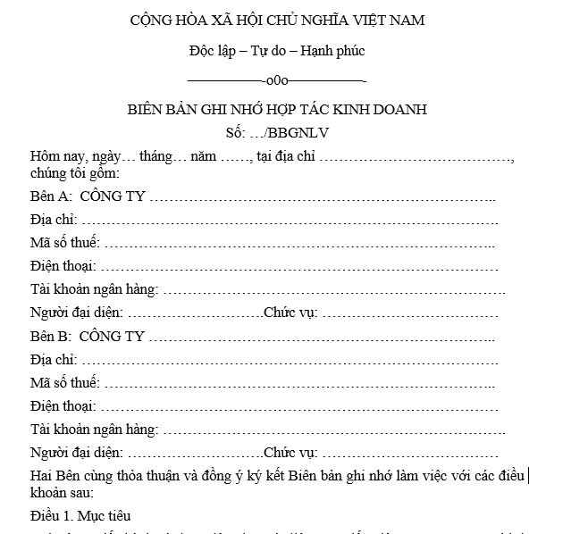 Mẫu bi&ecirc;n bản ghi nhớ hợp t&aacute;c kinh doanh