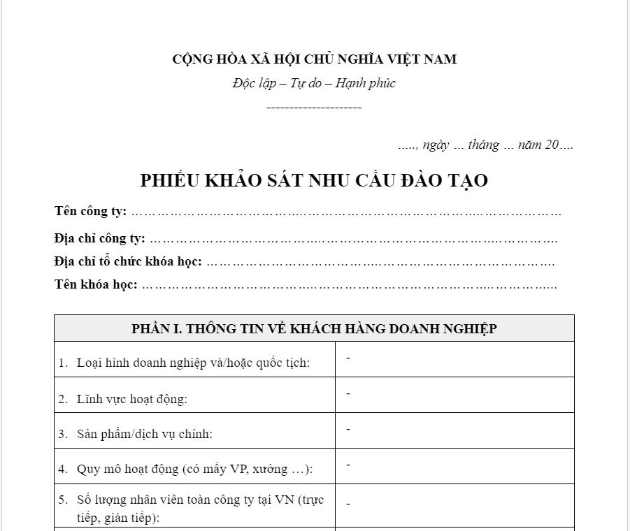  Phiếu khảo s&aacute;t nhu cầu đ&agrave;o tạo