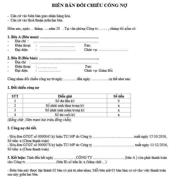 Mẫu bi&ecirc;n bản đối chiếu c&ocirc;ng nợ mới nhất