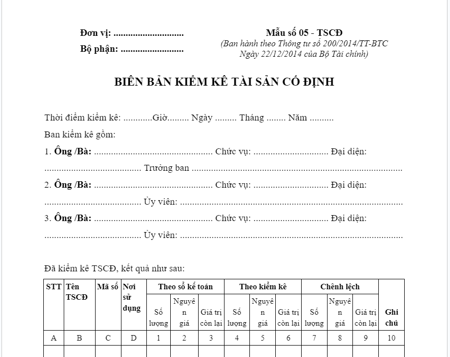 Nội dung cơ bản của một mẫu biên bản kiểm kê