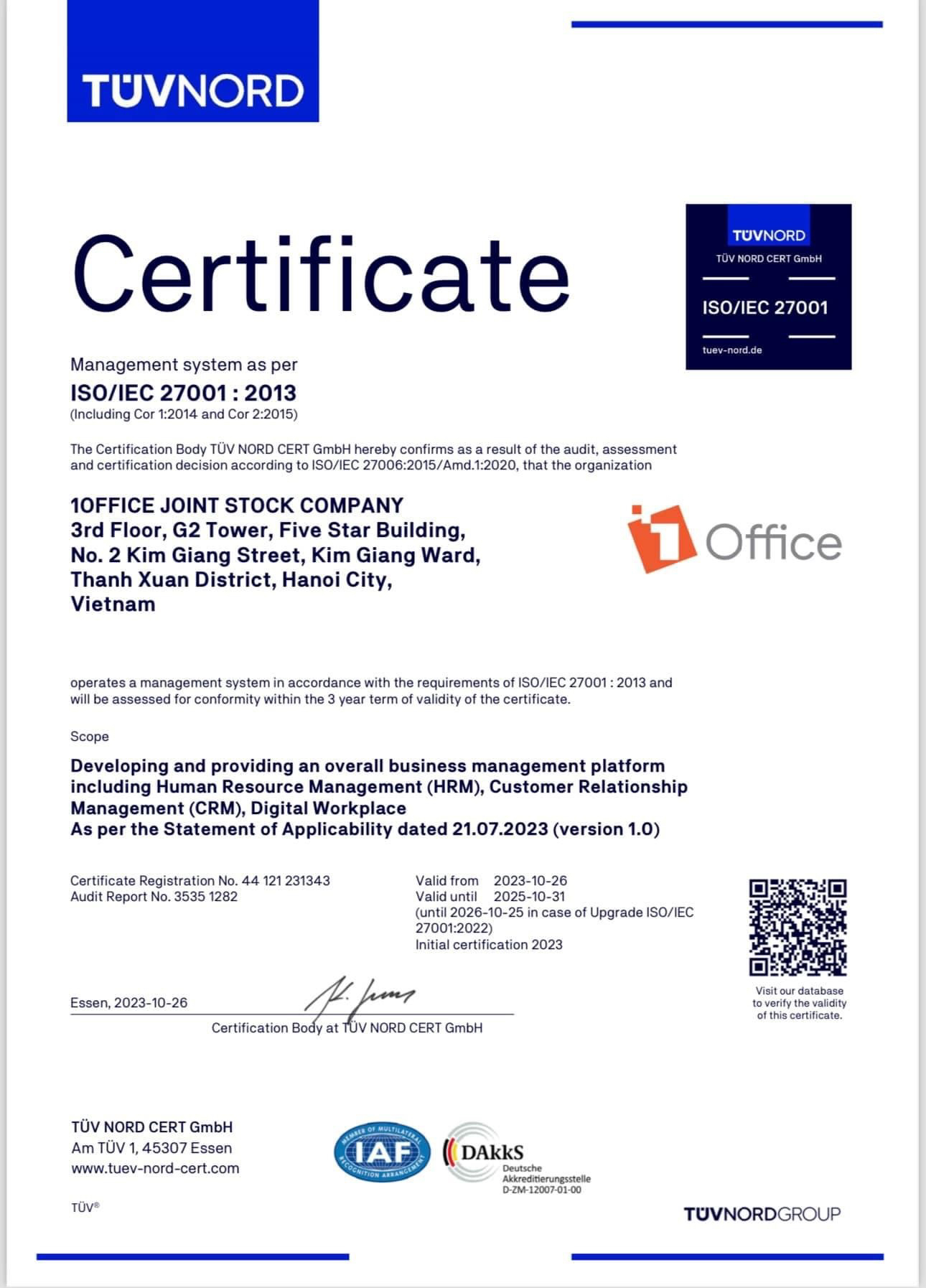 Giấy chứng nhận từ TUV NORD: 1Office - Hệ thống vận h&agrave;nh quản l&yacute; chất lượng theo ti&ecirc;u chuẩn ISO/IEC 27001:2013
