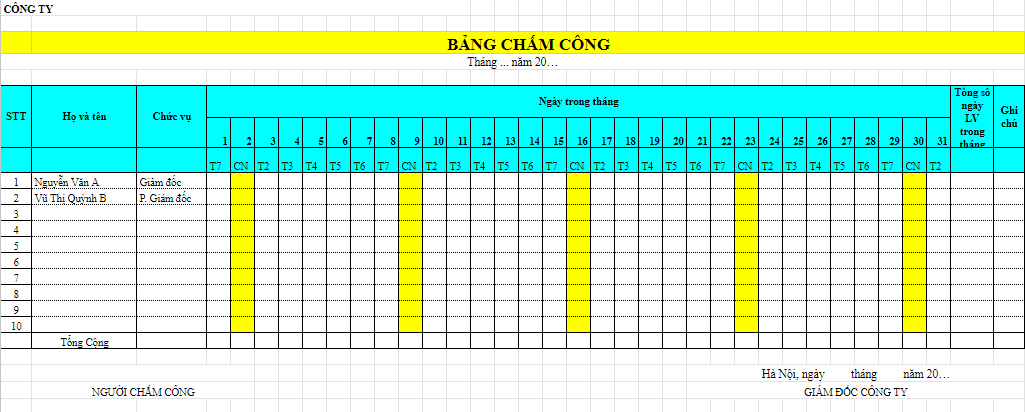 Mẫu bảng chấm công hàng ngày bằng Excel Mẫu bảng chấm công hàng ngày bằng Excel