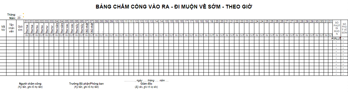 Mẫu bảng chấm công theo giờ