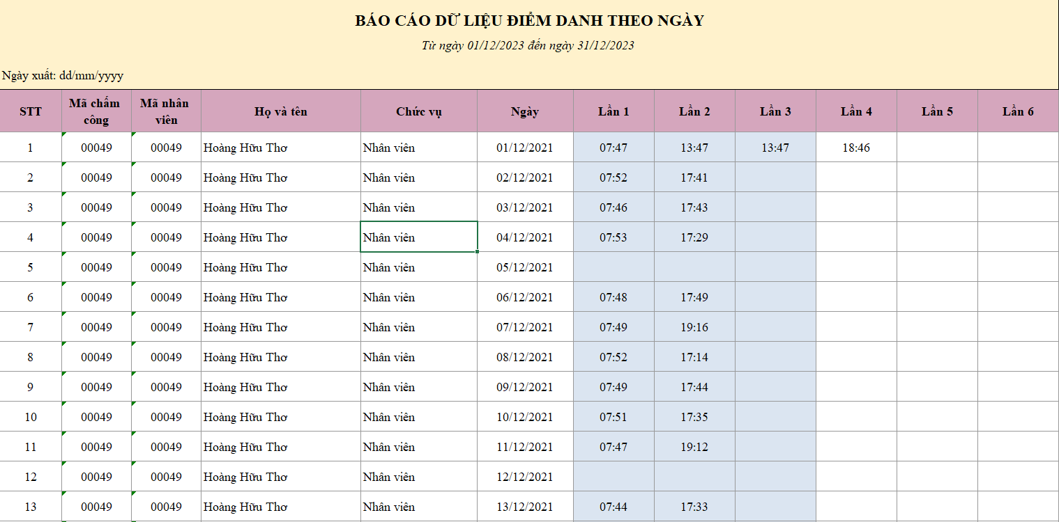 Mẫu bảng chấm công theo ngày