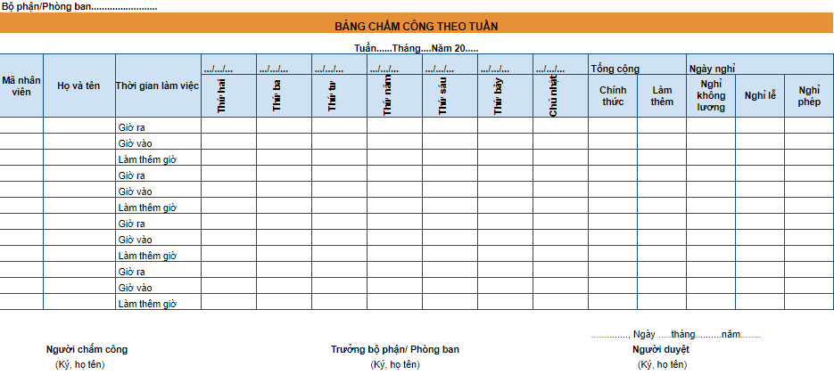 Mẫu bảng chấm công theo tuần