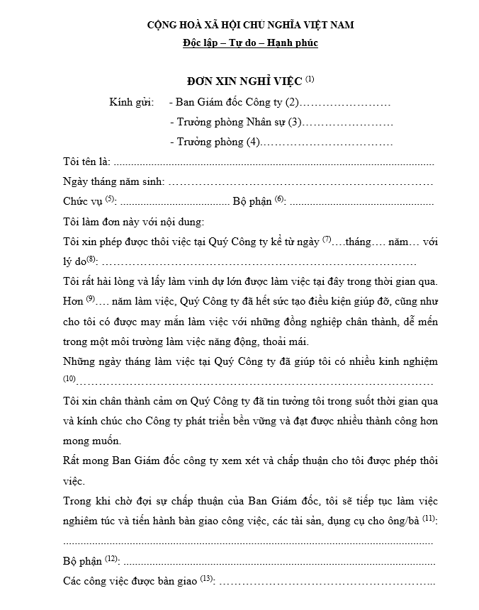 Mẫu đơn xin nghỉ việc số 1