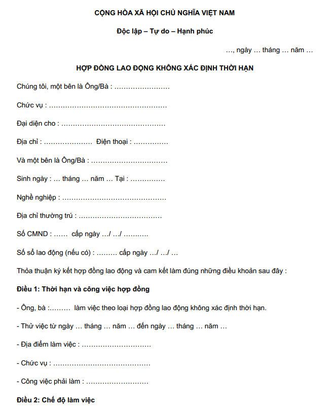 Mẫu hợp đồng lao động kh&ocirc;ng x&aacute;c định thời hạn
