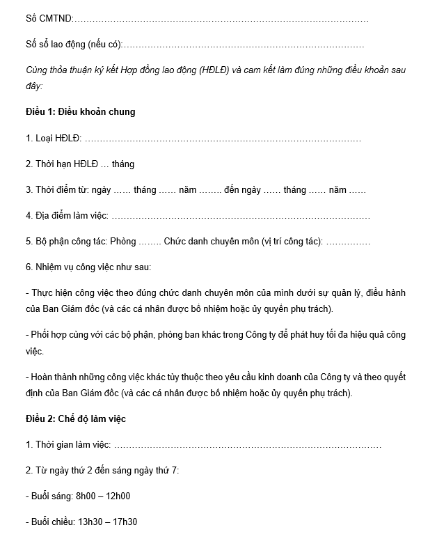Mẫu hợp đồng lao động phổ biến