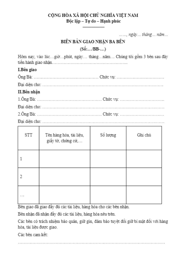 Mẫu biên bản giao nhận hàng hóa 3 bên Mẫu biên bản giao nhận hàng hóa 3 bên file word