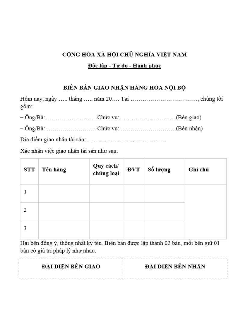 Mẫu biên bản giao nhận hàng hóa nội bộ Mẫu biên bản giao nhận hàng hóa nội bộ