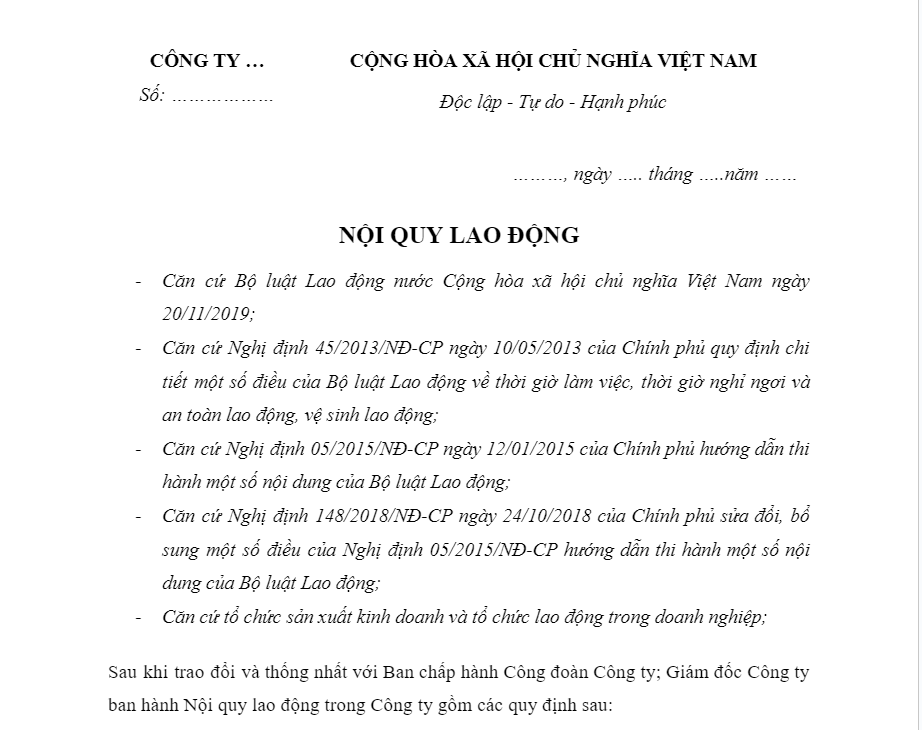 Mẫu nội quy lao động cho công ty Mẫu nội quy lao động cho công ty