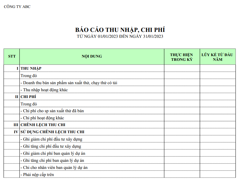 Báo cáo thu nhập Báo cáo thu nhập