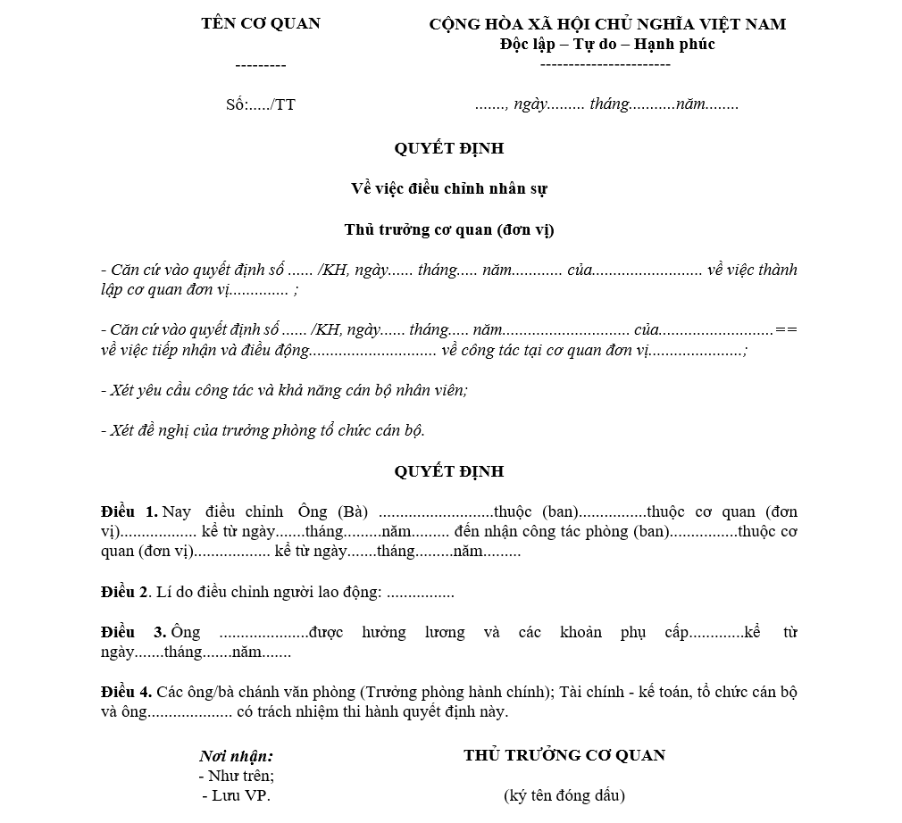 Mẫu quyết định điều chuyển nh&acirc;n sự số 2
