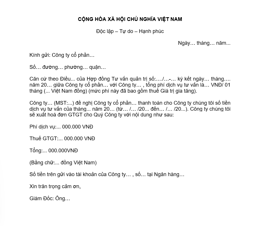 Mẫu c&ocirc;ng văn đề nghị thanh to&aacute;n c&ocirc;ng nợ