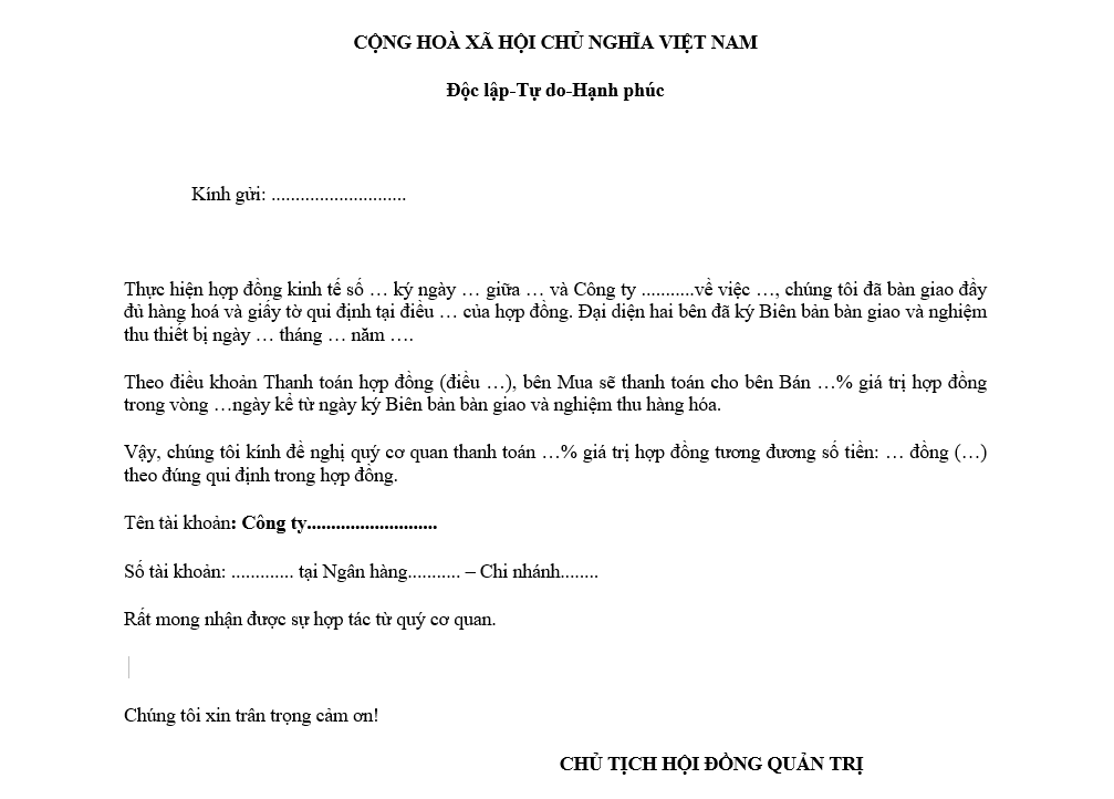 Mẫu đề nghị thanh to&aacute;n số 4